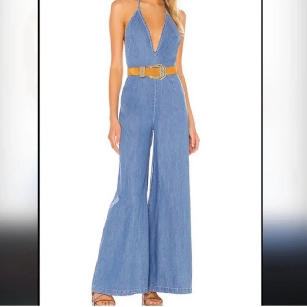 Free People Light Blue Denim Halter Jumpsuit